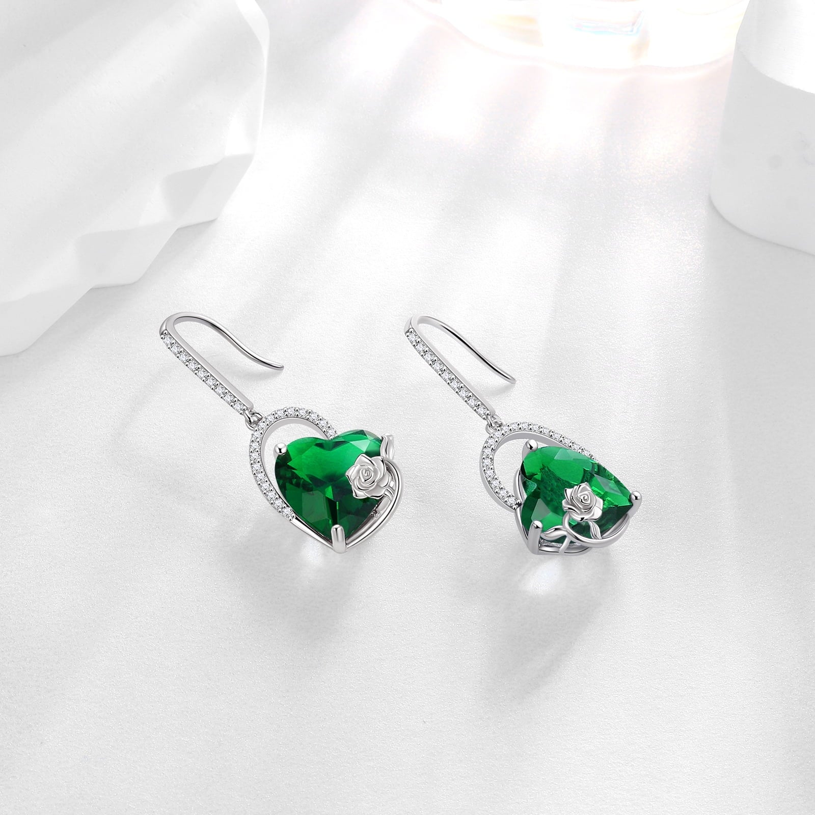 Cat Butterfly Earrings for Women 925 Sterling Silver Heart May Birthstone Hook Dangling Earring Emerald Green Rose Flower Jewelry Birthday Mother's Day Gift - Aurora Tears