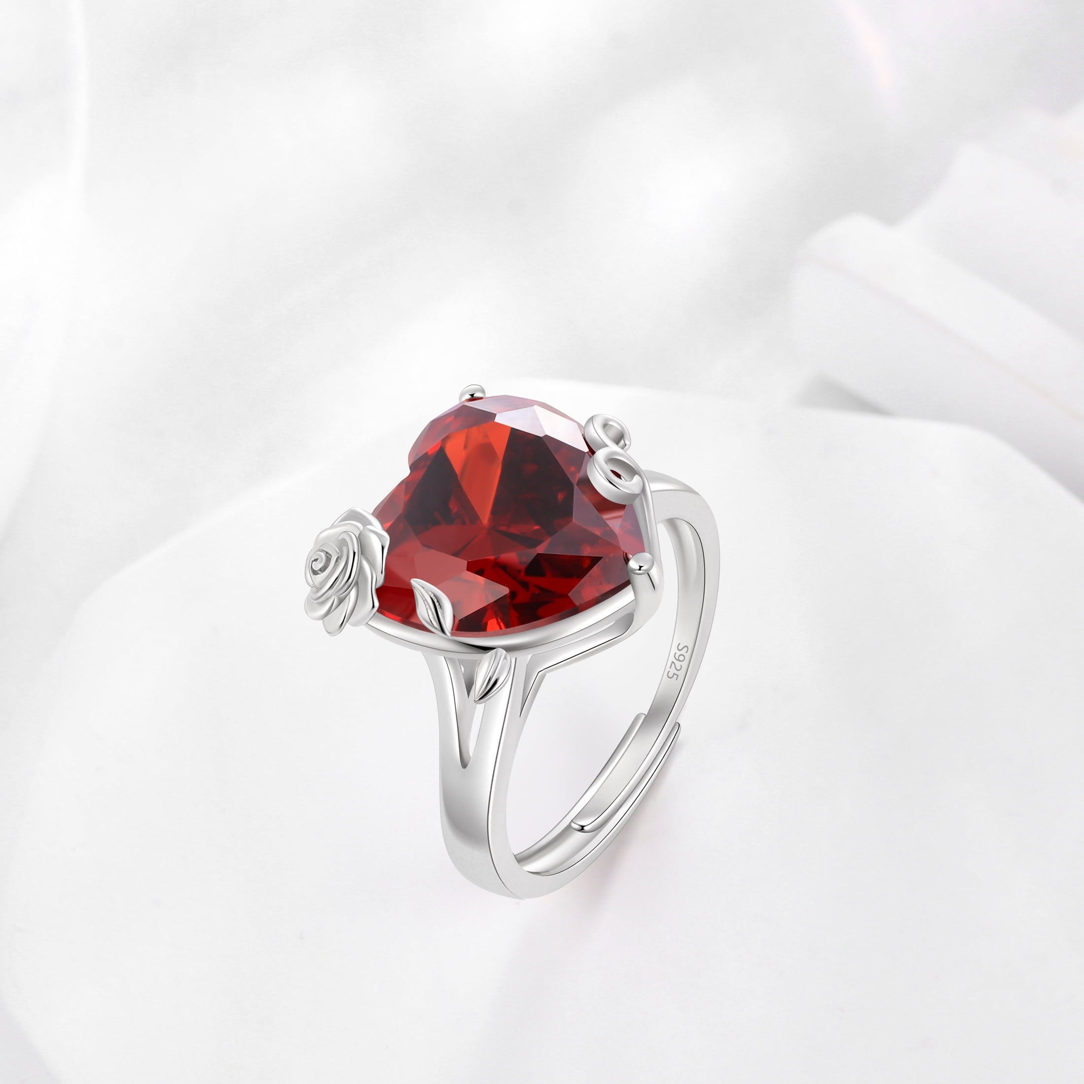 9Ct Women Heart Ring 925 Sterling Silver Rose Flower January Birthstone Red Garnet Solitaire Ring Jewelry Mother Birthday Valentine's Day Gift - Aurora Tears