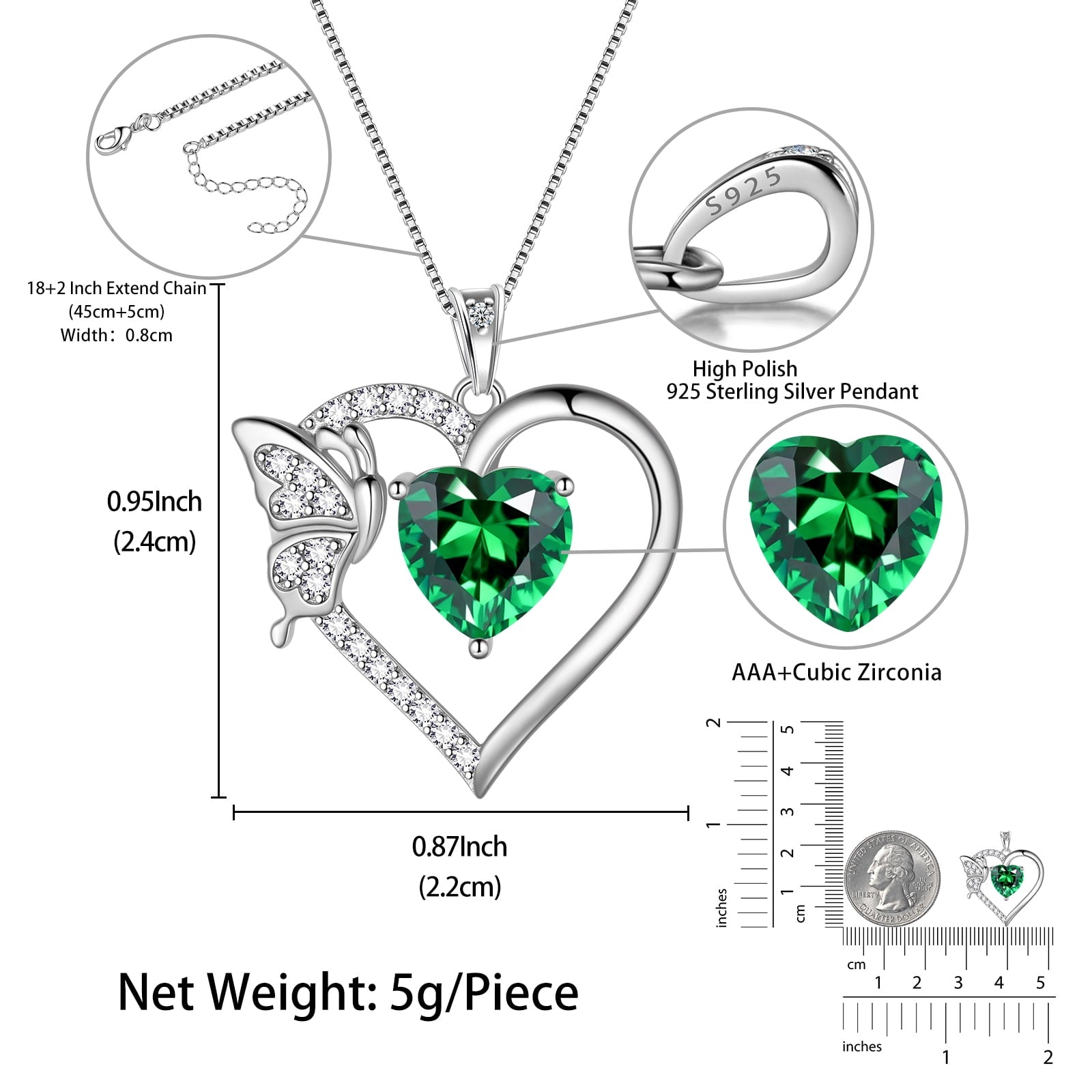 Women Green Heart Necklace Butterfly May Birthstone Necklace Emerald 925 Sterling Silver Pendant Jewelry Christmas Birthday Mother's Day Gifts - Aurora Tears