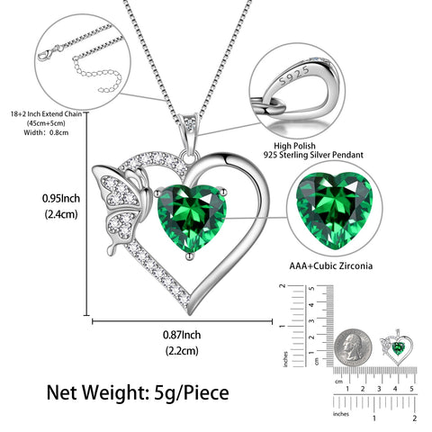 Women Green Heart Necklace Butterfly May Birthstone Necklace Emerald 925 Sterling Silver Pendant Jewelry Christmas Birthday Mother's Day Gifts - Aurora Tears
