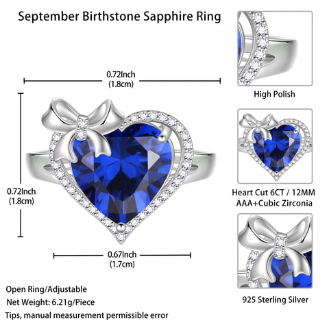 6Ct Heart Women Ring Bow Kont Ribbon 925 Sterling Silver September Birthstone Blue Sapphire Ring Jewelry Mom Wife Valentines Birthday Mother's Day Gift - Aurora Tears