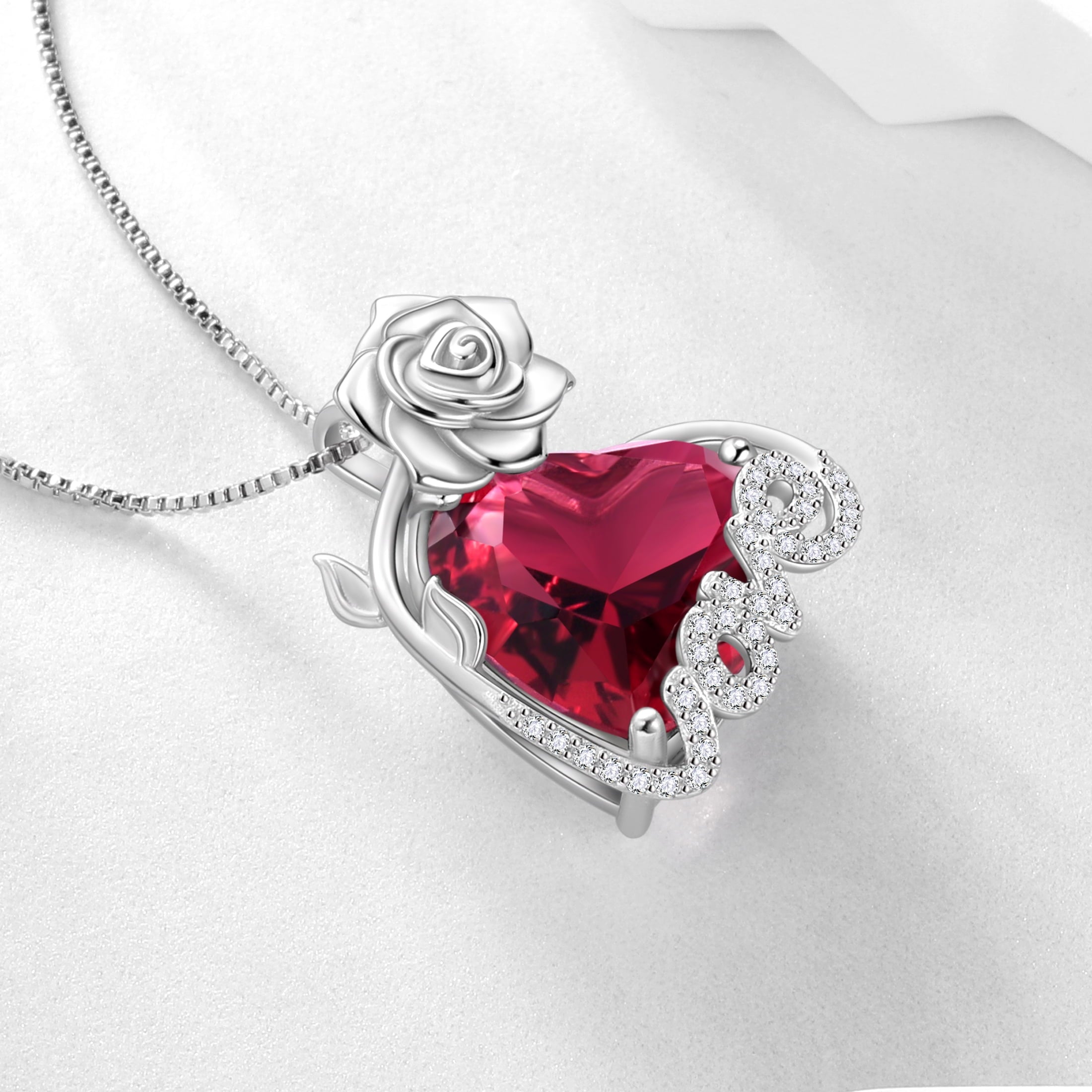 15MM Rose Heart Women Necklace July Birthstone 925 Sterling Silver Flower Love Jewelry Pendant Red Ruby Mother Birthday Christmas Valentine's Day Gift - Aurora Tears