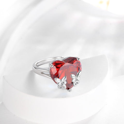9Ct Women Heart Ring 925 Sterling Silver Butterfly January Birthstone Red Garnet Solitaire Ring Jewelry Mother Birthday Valentine's Day Gift - Aurora Tears