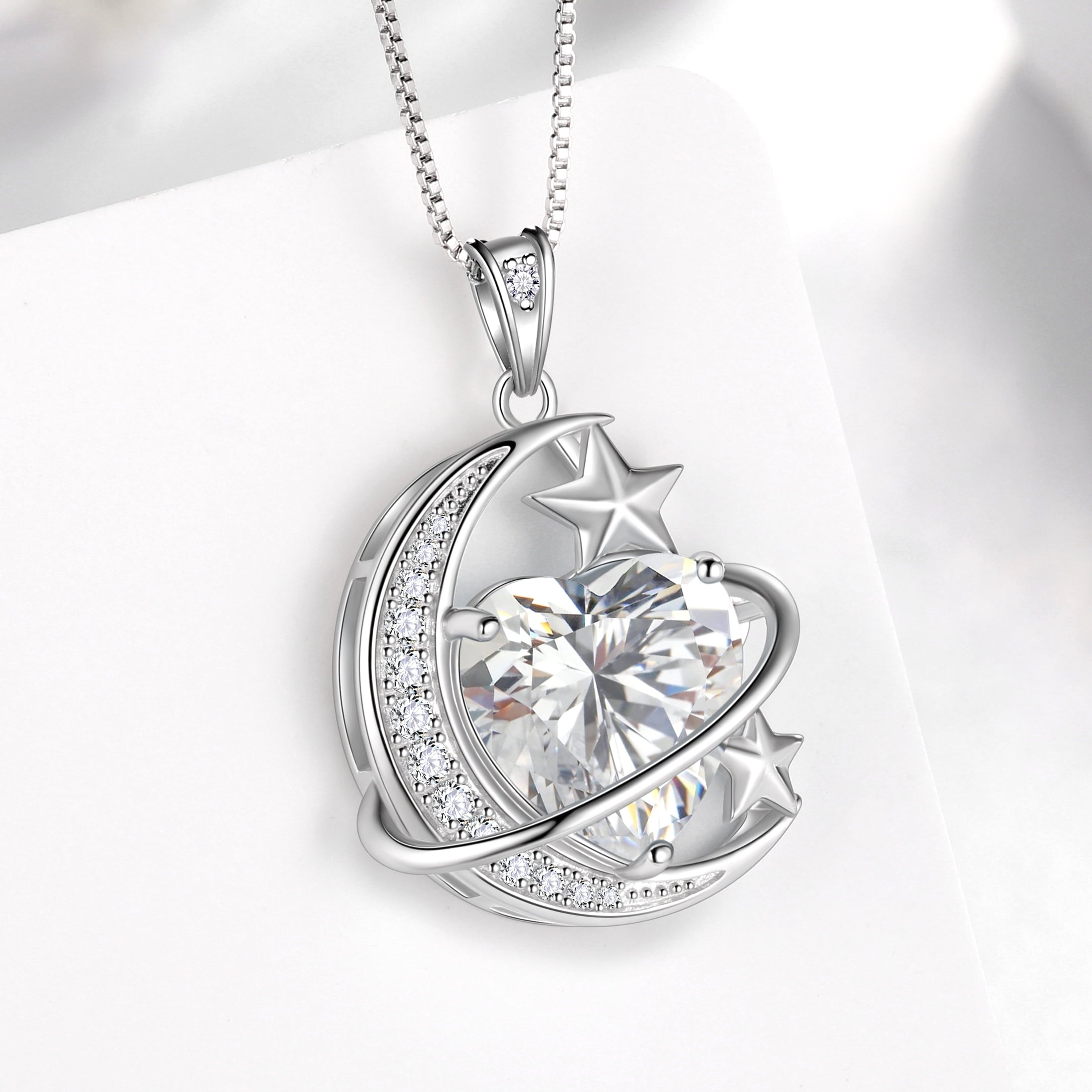 13MM Women Moon Star Necklace Heart April Birthstone 925 Sterling Silver Celestial Necklace Pendant Diamond Crystal Jewelry Christmas Birthday Valentines Gift for Wife/Mom - Aurora Tears