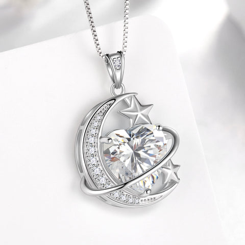 13MM Women Moon Star Necklace Heart April Birthstone 925 Sterling Silver Celestial Necklace Pendant Diamond Crystal Jewelry Christmas Birthday Valentines Gift for Wife/Mom - Aurora Tears