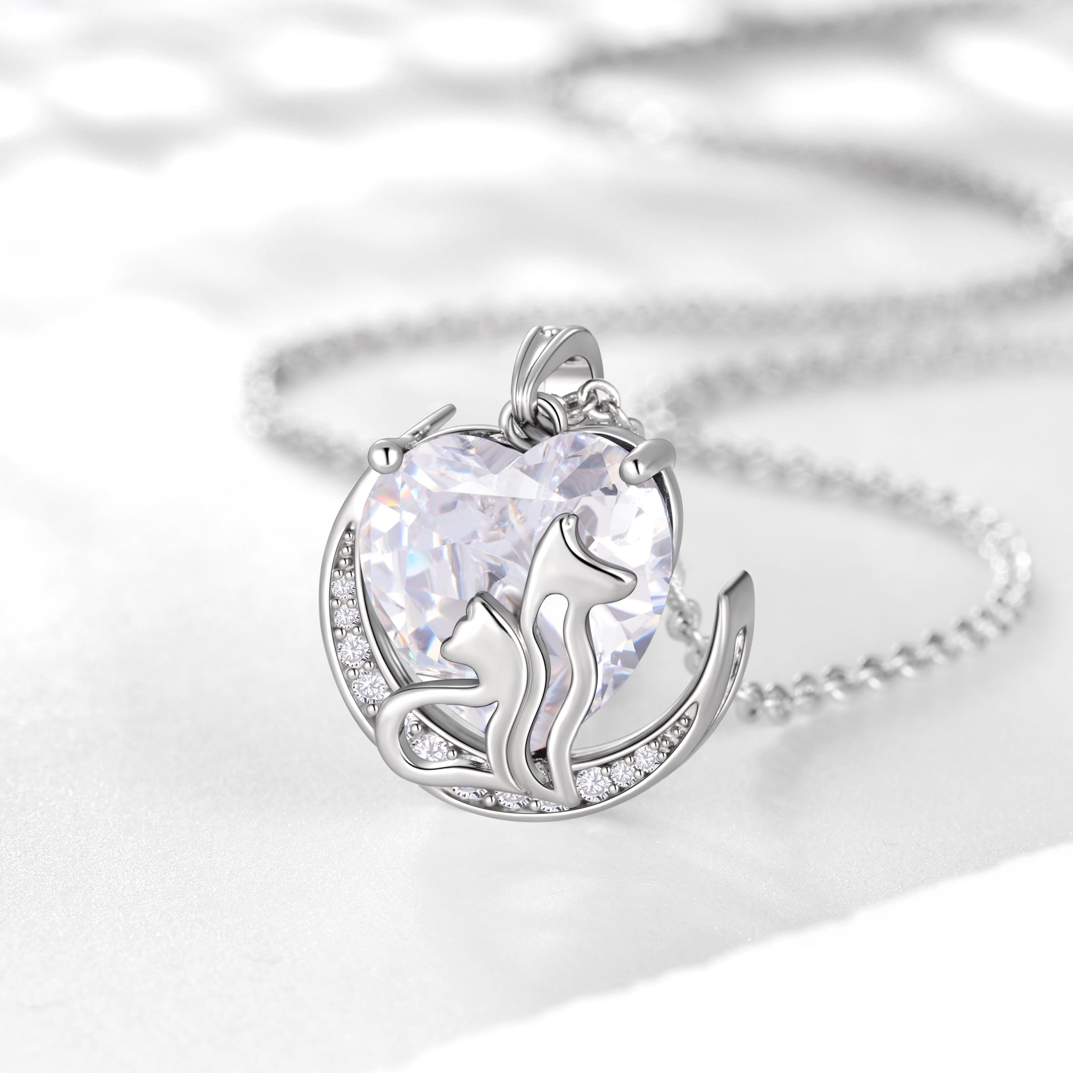 Women Animal Cat and Dog Necklace White Heart April Birthstone Charm Diamond Crystal Pendant Jewelry Birthday Gift for Mother Wife Daughter Pet Lovers - Aurora Tears