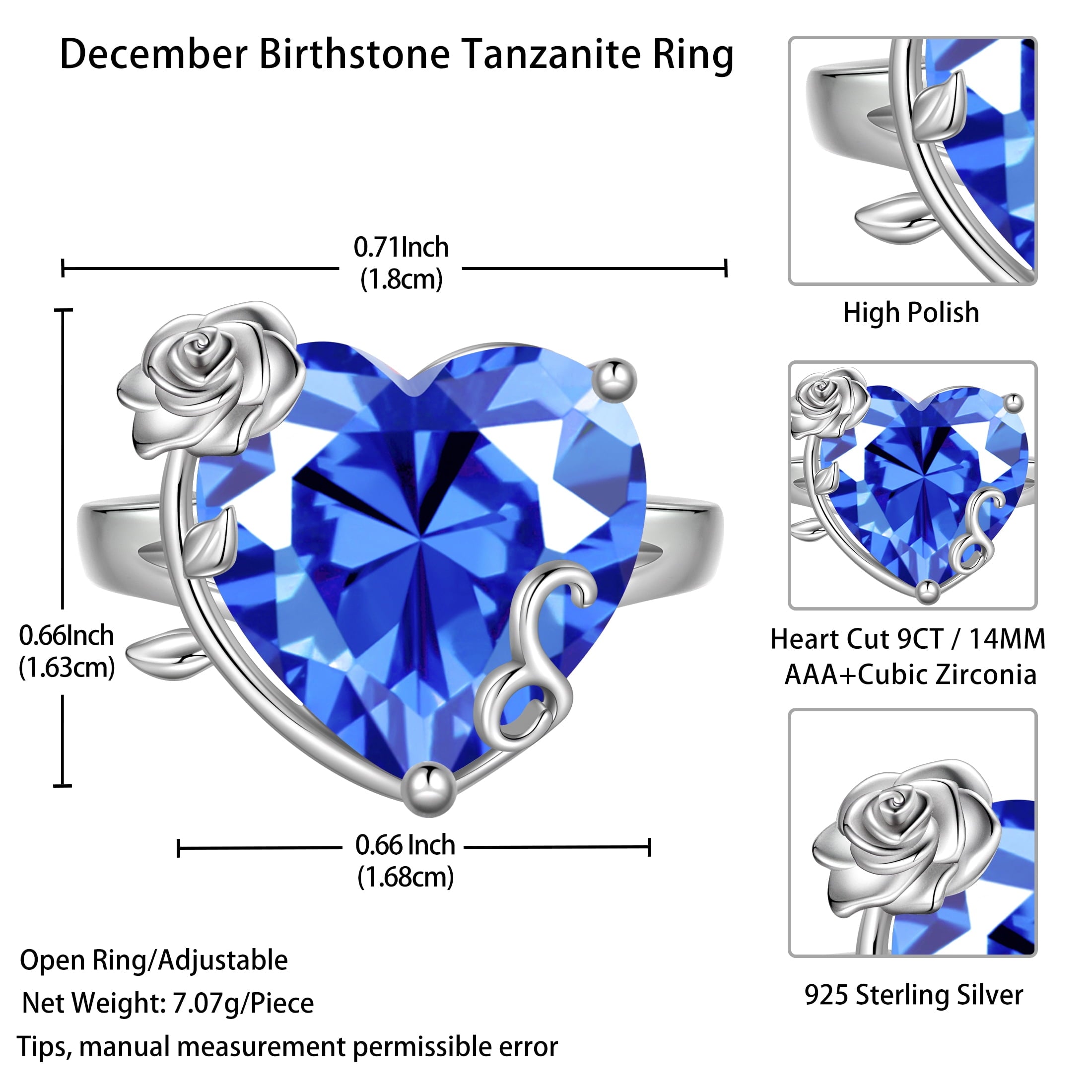 9Ct Women Heart Ring 925 Sterling Silver Rose Flower December Birthstone Tanzanite Blue Solitaire Ring Jewelry Mom Christmas Birthday Gift - Aurora Tears
