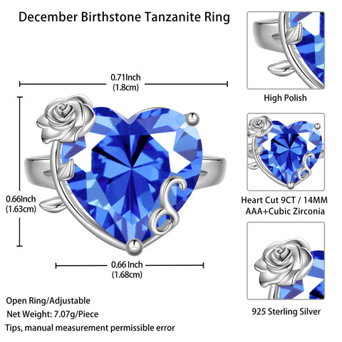 9Ct Women Heart Ring 925 Sterling Silver Rose Flower December Birthstone Tanzanite Blue Solitaire Ring Jewelry Mom Christmas Birthday Gift - Aurora Tears
