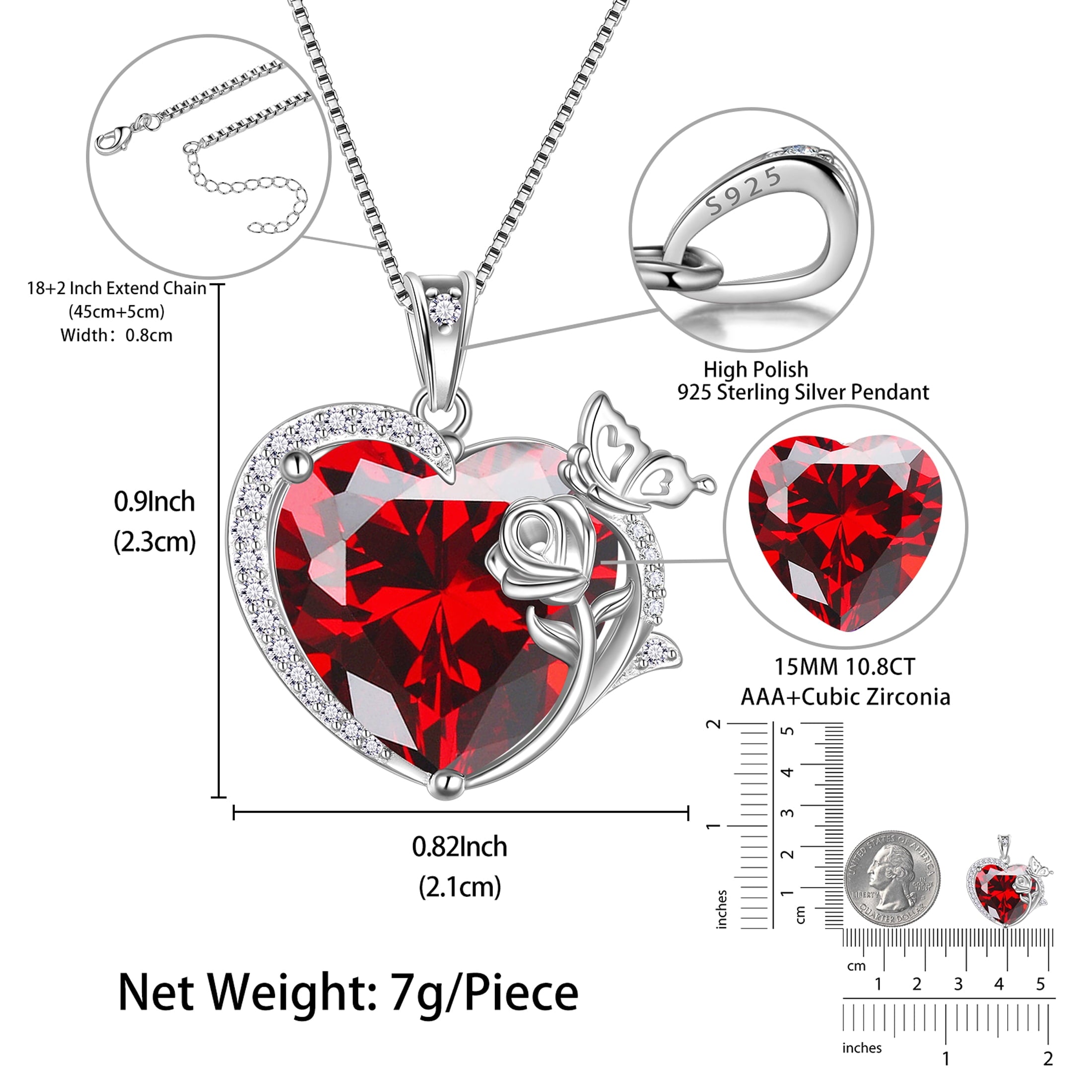 Women Heart Necklace Butterfly Rose Flower Pendant January Birthstone Garnet Red 925 Sterling Silver Jewelry Wife Mother Valentine's Day Gifts - Aurora Tears