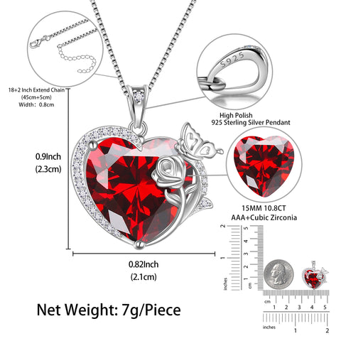 Women Heart Necklace Butterfly Rose Flower Pendant January Birthstone Garnet Red 925 Sterling Silver Jewelry Wife Mother Valentine's Day Gifts - Aurora Tears