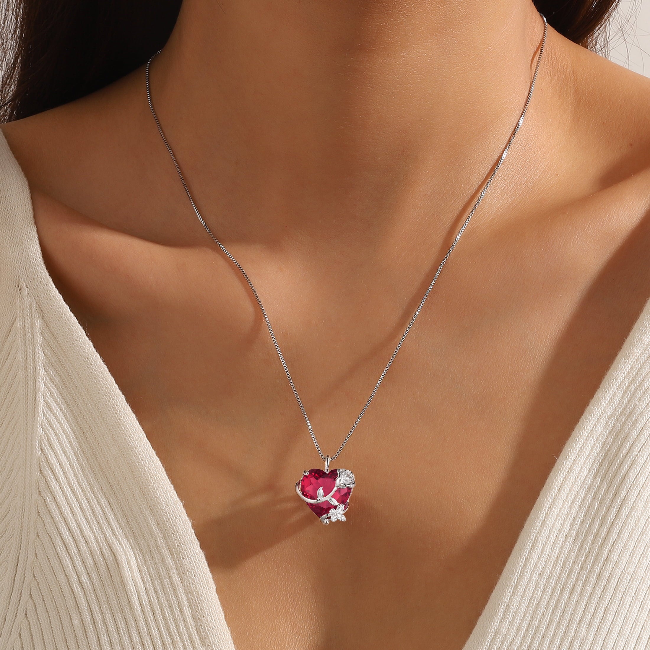 15MM Women Rose Heart Necklace July Birthstone 925 Sterling Silver Flower Butterfly Jewelry Pendant Red Ruby Mother Birthday Valentine's Day Gift - Aurora Tears