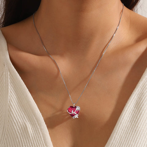 15MM Women Rose Heart Necklace July Birthstone 925 Sterling Silver Flower Butterfly Jewelry Pendant Red Ruby Mother Birthday Valentine's Day Gift - Aurora Tears