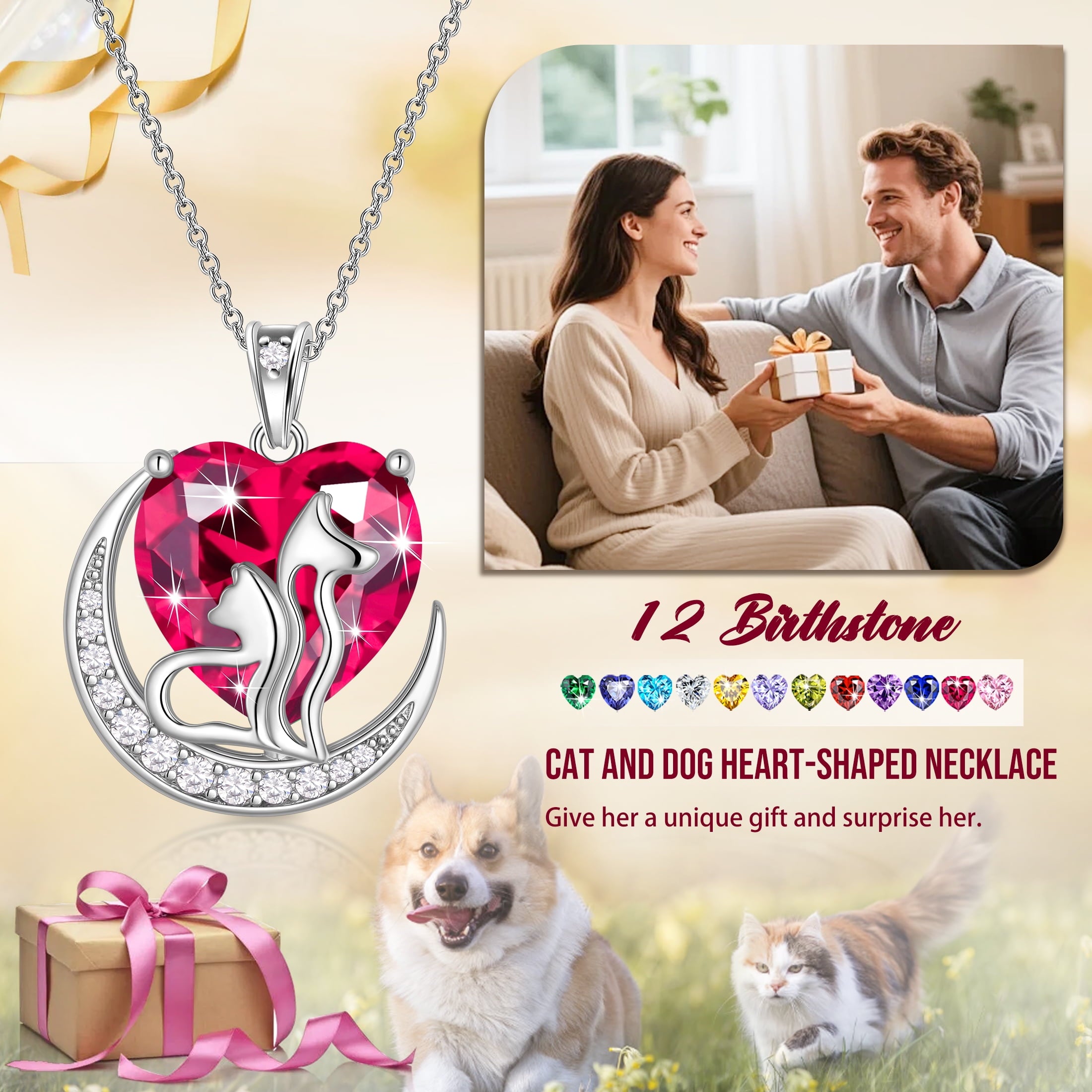 Women Animal Cat and Dog Necklace Purple Heart February Birthstone Charm Amethyst Pendant Jewelry Christmas Birthday Gift for Mother Daughter Pet Lovers - Aurora Tears