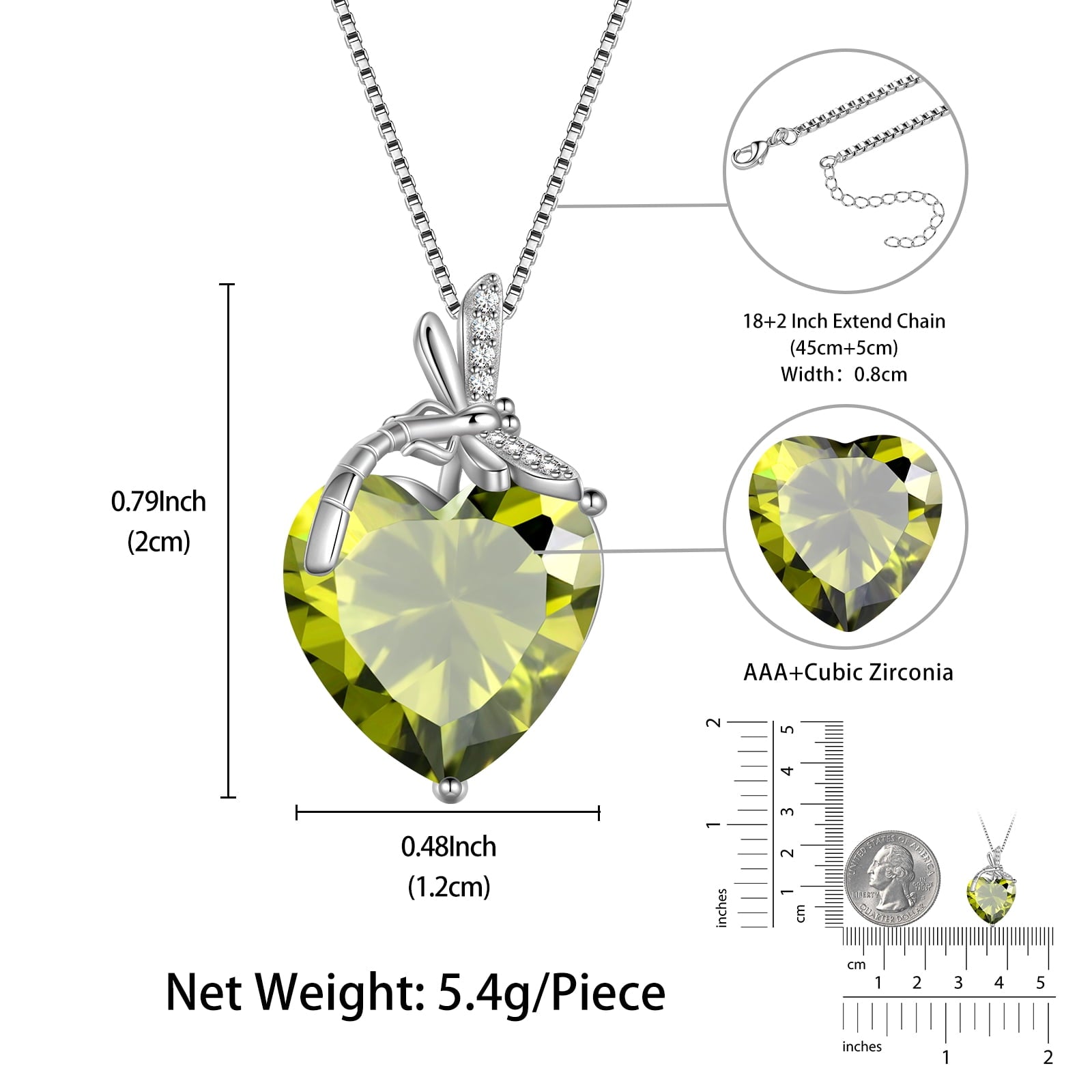 Dragonfly Necklace Heart August Birthstone Necklace Peridot Green CZ 925 Sterling Silver Pendant Jewelry Women Birthday Christmas Mother's Day Gift - Aurora Tears