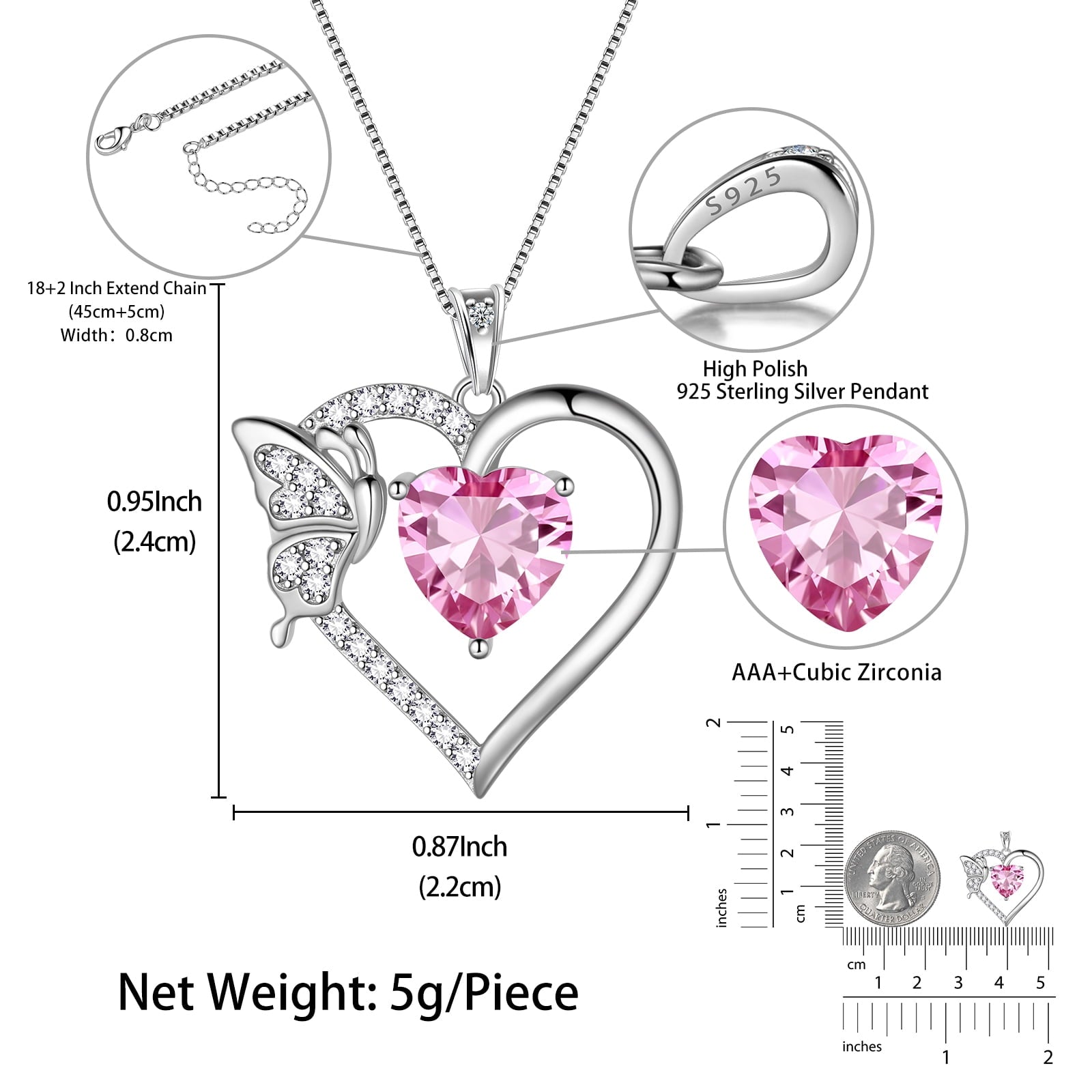 Women Pink Heart Necklace Butterfly October Birthstone Necklace Tourmaline CZ 925 Sterling Silver Pendant Jewelry Birthday Valentine's Day Gift - Aurora Tears