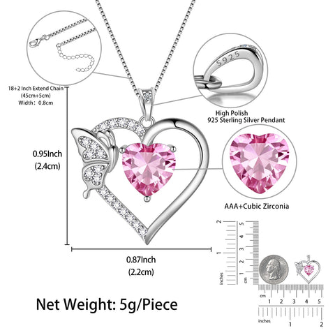 Women Pink Heart Necklace Butterfly October Birthstone Necklace Tourmaline CZ 925 Sterling Silver Pendant Jewelry Birthday Valentine's Day Gift - Aurora Tears