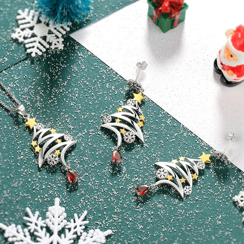 925 Sterling Silver Christmas Tree Jewelry Sets Necklace/ Dangle Earrings Xmas Costume Jewelry Gifts for Women Girls