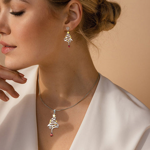 925 Sterling Silver Christmas Tree Jewelry Sets Necklace/ Dangle Earrings Xmas Costume Jewelry Gifts for Women Girls