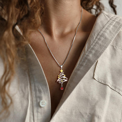 925 Sterling Silber Niedliche Weihnachtsbaum-Halskette Weihnachtskostümschmuck Geschenke für Frauen Mädchen Tochter