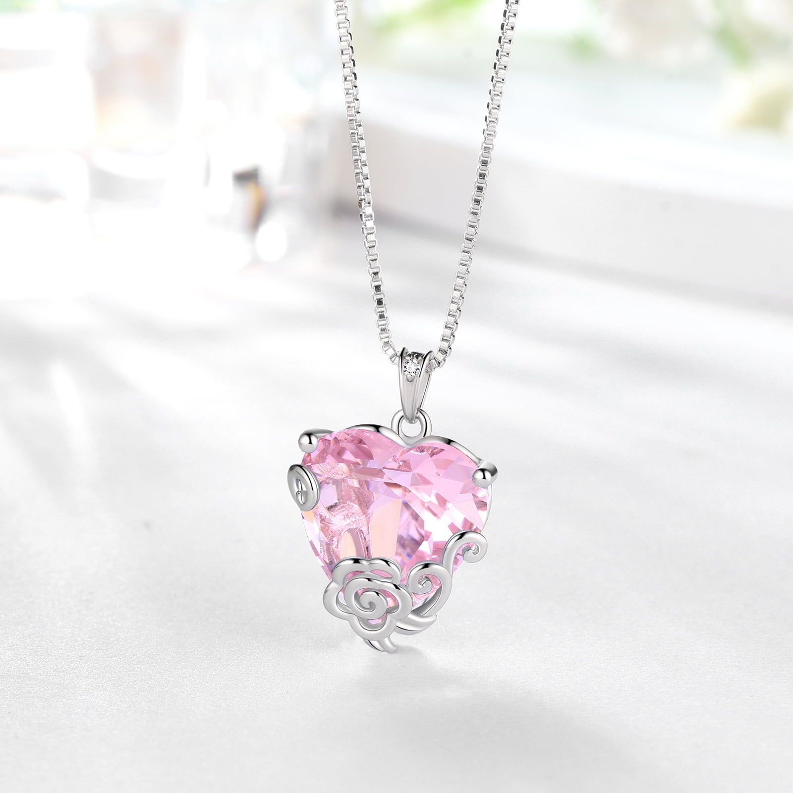 Women Heart Necklace October Birthstone Tourmaline Jewelry Pink 925 Sterling Silver Rose Flower Pendant Birthday Christmas Valentine's Day Gifts - Aurora Tears