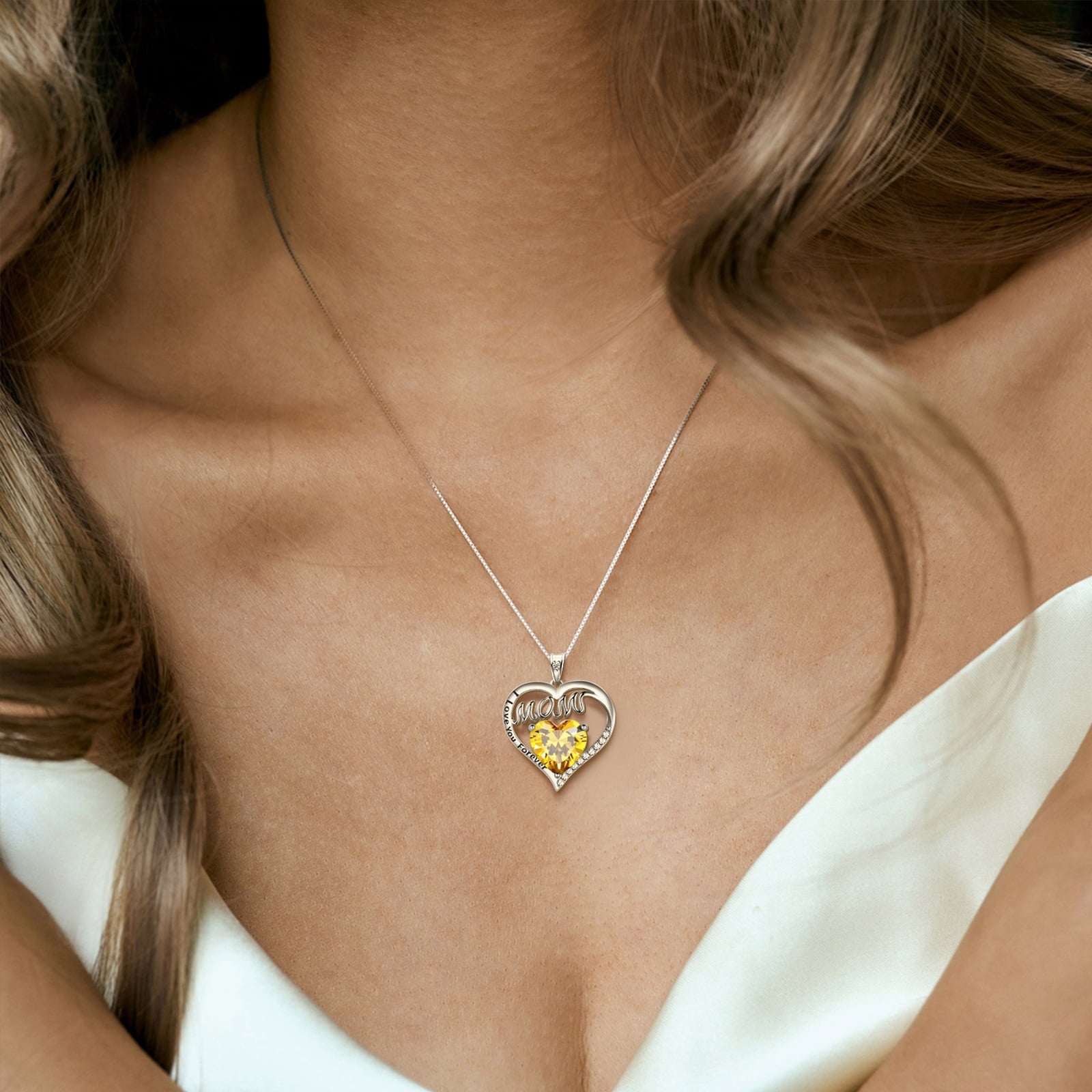 Women Mom Necklace Heart November Birthstone Necklace Citrine Yellow Sterling Silver Pendant Jewelry Thanksgiving Christmas Birthday Mother's Day Gifts - Aurora Tears