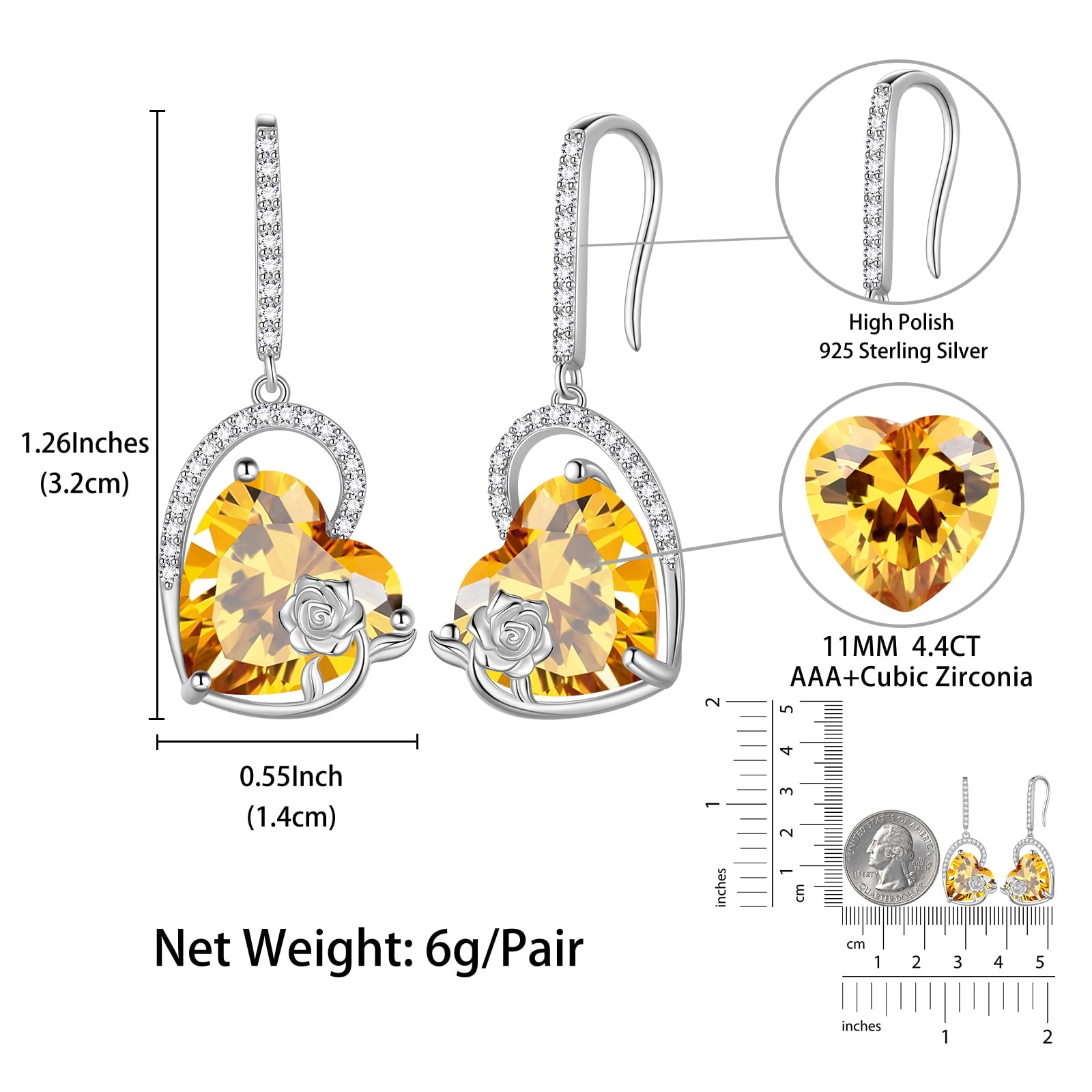 925 Sterling Silver Earrings Women Heart November Birthstone Hook Dangle Earring Citrine Yellow Rose Flower Jewelry Mother Wife Christmas Birthday Gift - Aurora Tears