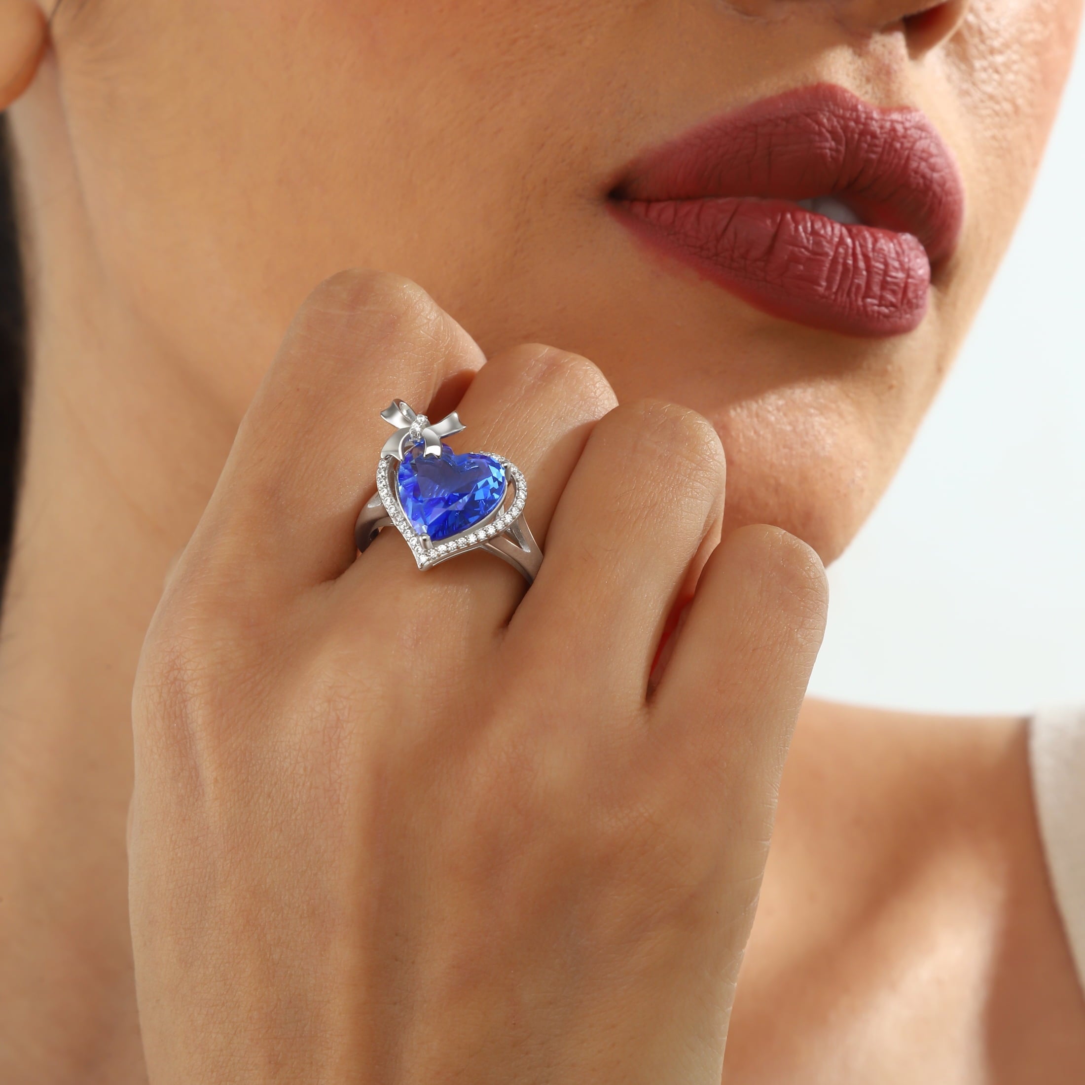 6Ct Heart Women Ring Bow Kont Ribbon 925 Sterling Silver December Birthstone Tanzanite Blue Solitaire Jewelry Mother Christmas Valentines Gift for Her - Aurora Tears