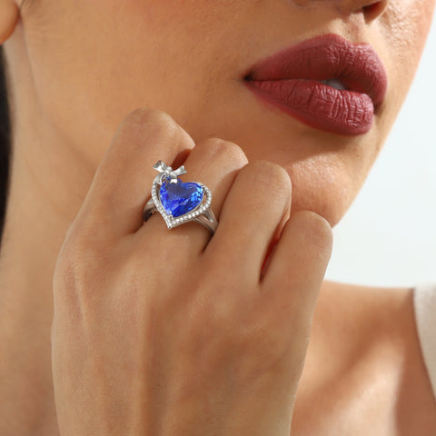 6Ct Heart Women Ring Bow Kont Ribbon 925 Sterling Silver December Birthstone Tanzanite Blue Solitaire Jewelry Mother Christmas Valentines Gift for Her - Aurora Tears