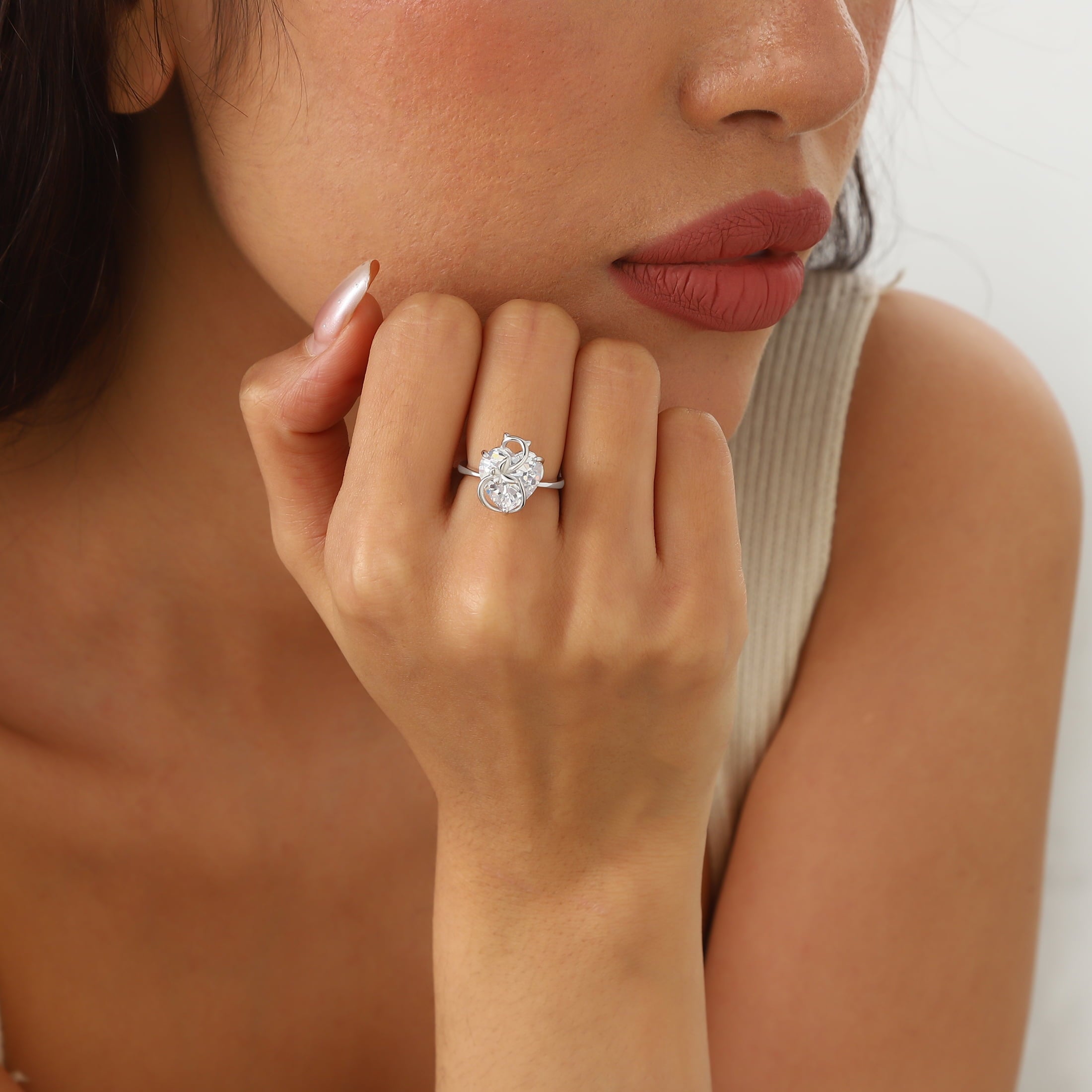 Women Heart Ring 925 Sterling Silver Cat Butterfly April Birthstone Diamond Crystal Solitaire Ring Bridal Jewelry Birthday Gift for Cat Lover - Aurora Tears