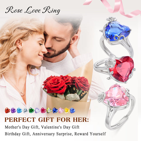 9Ct Women Heart Ring 925 Sterling Silver Rose Flower February Birthstone Amethyst Purple Solitaire Ring Jewelry Girlfriend Valentine's Day Gift - Aurora Tears