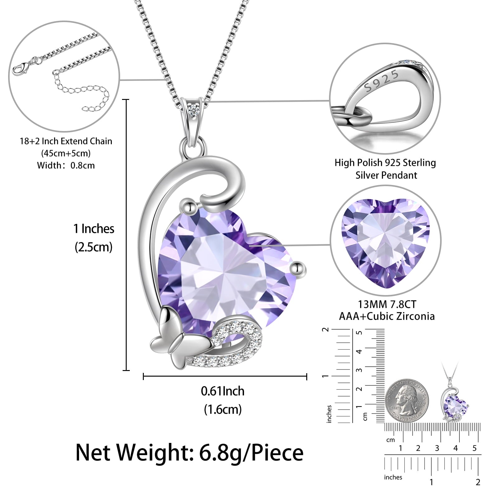 June Birthstone Heart Necklace Butterfly Pendant Alexandrite CZ 925 Sterling Silver Jewelry Mother Women Birthday Valentine's Day Gift - Aurora Tears