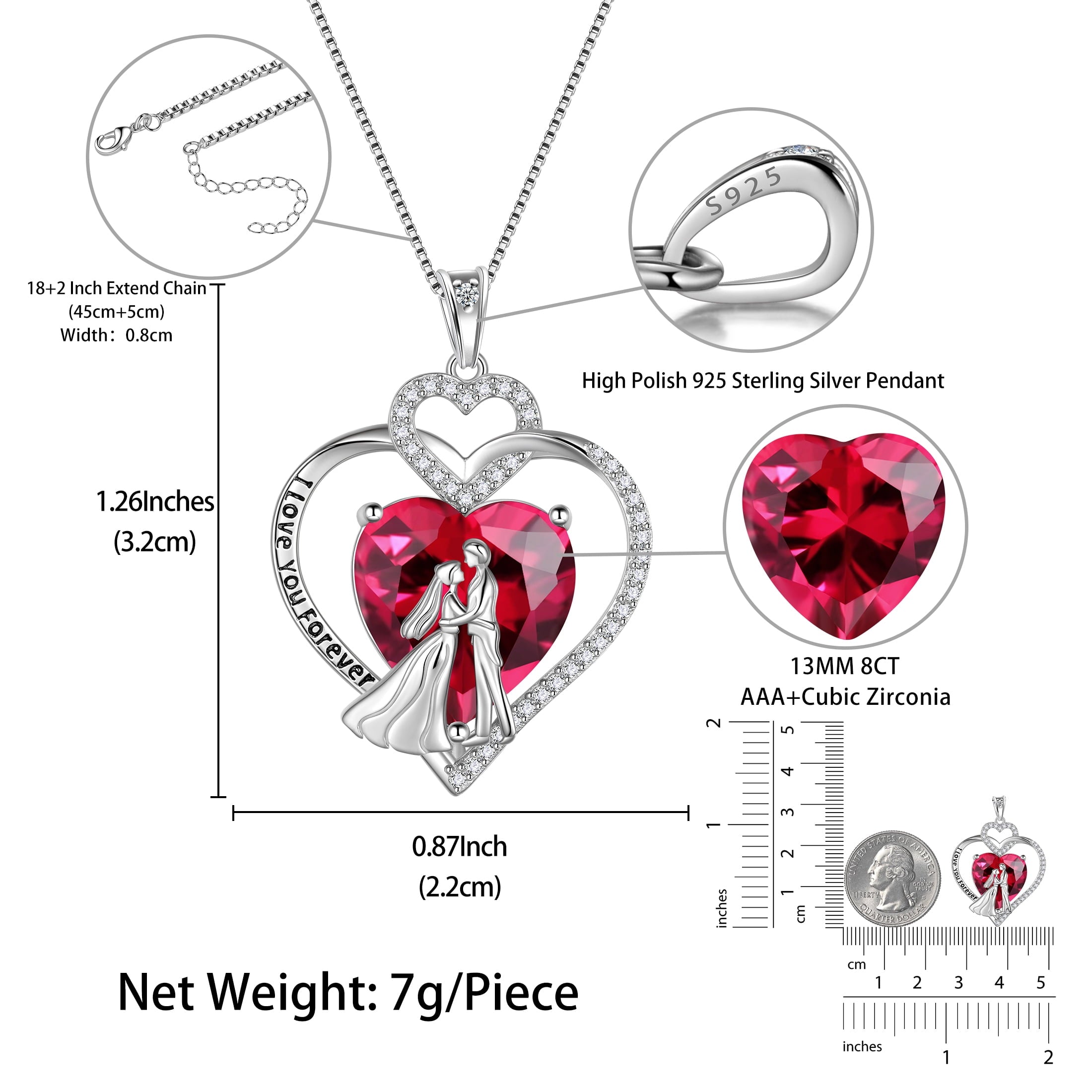 Couple Necklace for Women 925 Sterling Silver Heart July Birthstone Pendant Love You Wedding Engagement Jewelry Valentines Day Gift for Her Wife Girlfriend Bride - Aurora Tears