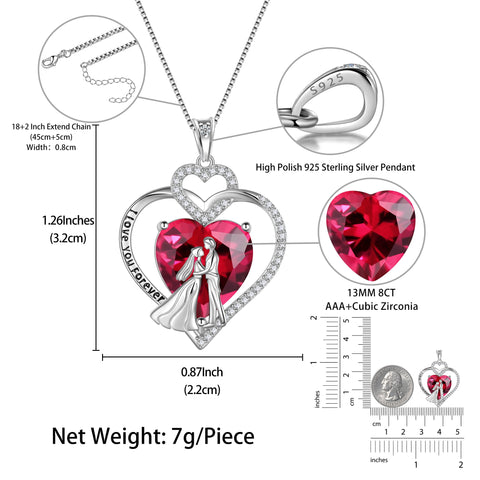 Couple Necklace for Women 925 Sterling Silver Heart July Birthstone Pendant Love You Wedding Engagement Jewelry Valentines Day Gift for Her Wife Girlfriend Bride - Aurora Tears