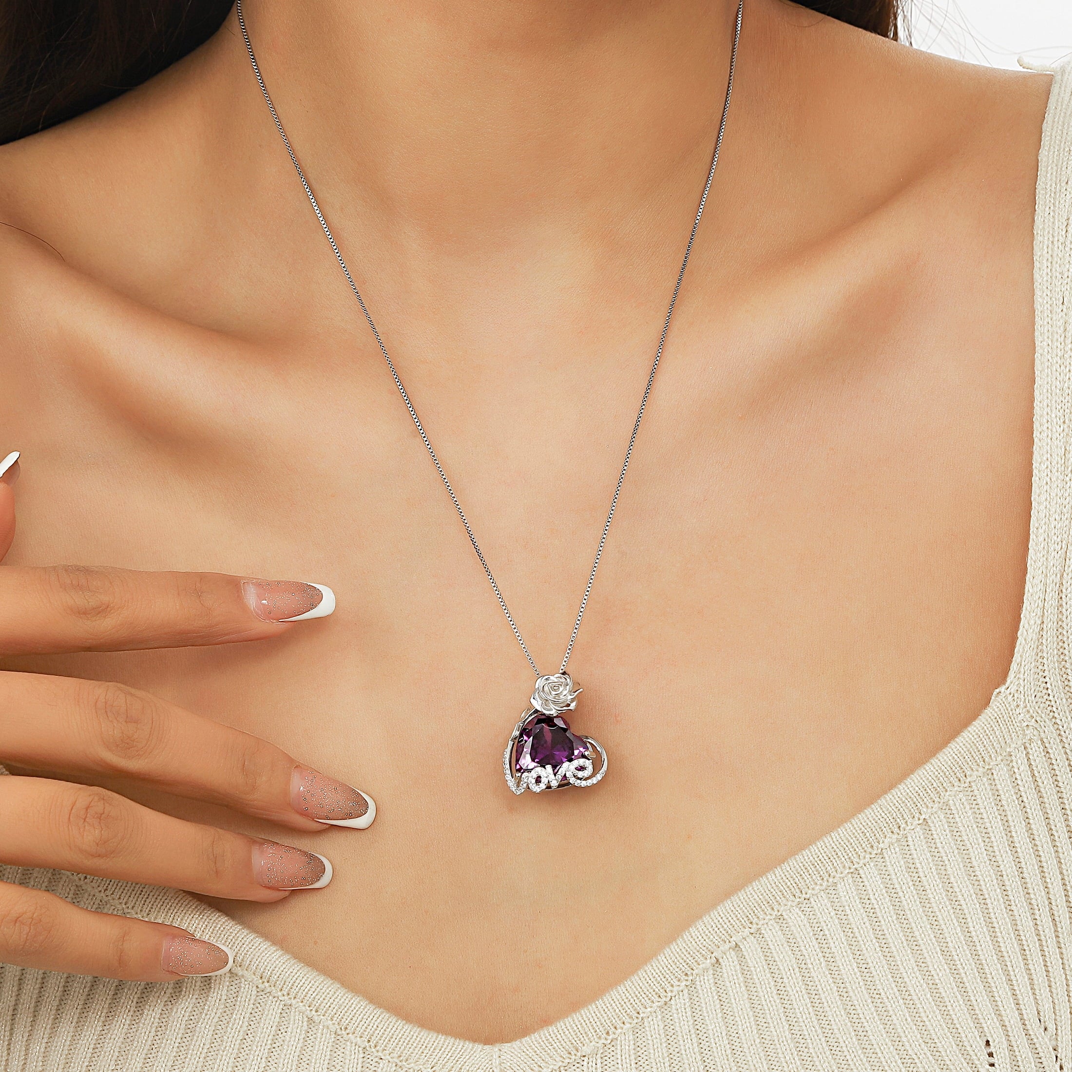 15MM Rose Heart Women Necklace February Birthstone 925 Sterling Silver Love Pendant Purple Amethyst Jewelry Mom Valentine's Day Gift for Wife Girlfriend - Aurora Tears