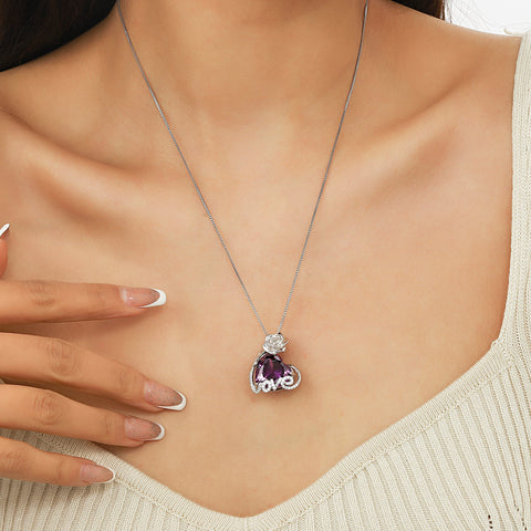 15MM Rose Heart Women Necklace February Birthstone 925 Sterling Silver Love Pendant Purple Amethyst Jewelry Mom Valentine's Day Gift for Wife Girlfriend - Aurora Tears