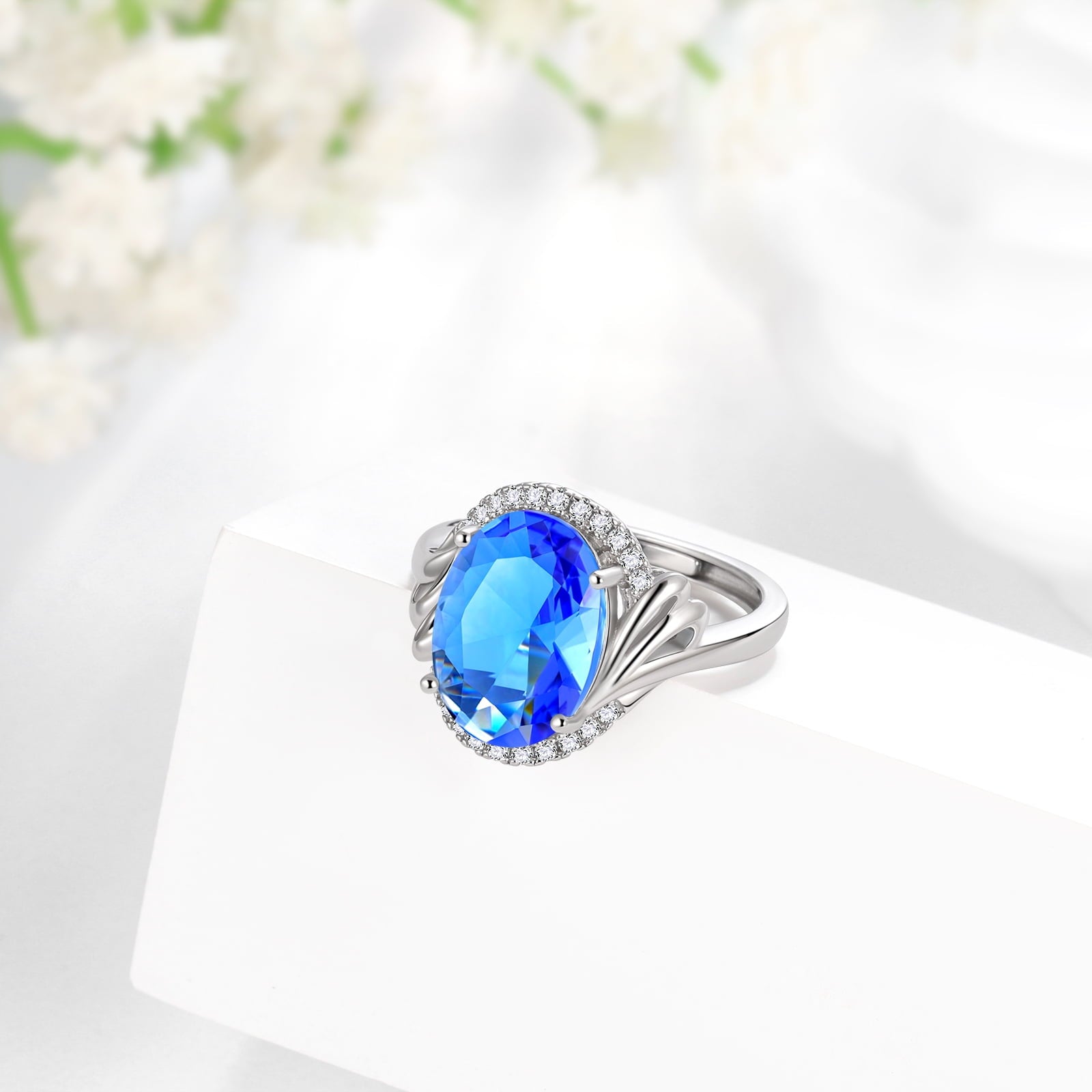 8Ct Oval Women Ring 925 Sterling Silver Halo Blue Tanzanite Ring December Birthstone Jewelry Mother Grandma Christmas Birthday Gift for Her - Aurora Tears