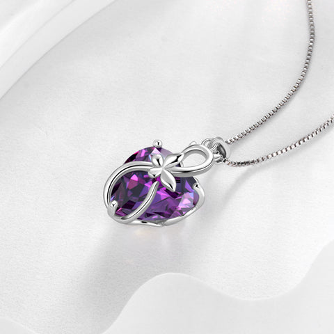 15MM Women Cat Necklace Heart February Birthstone 925 Sterling Silver Pendant Purple Amethyst Butterfly Jewelry Valentine's Day Gift for Cat Lover - Aurora Tears