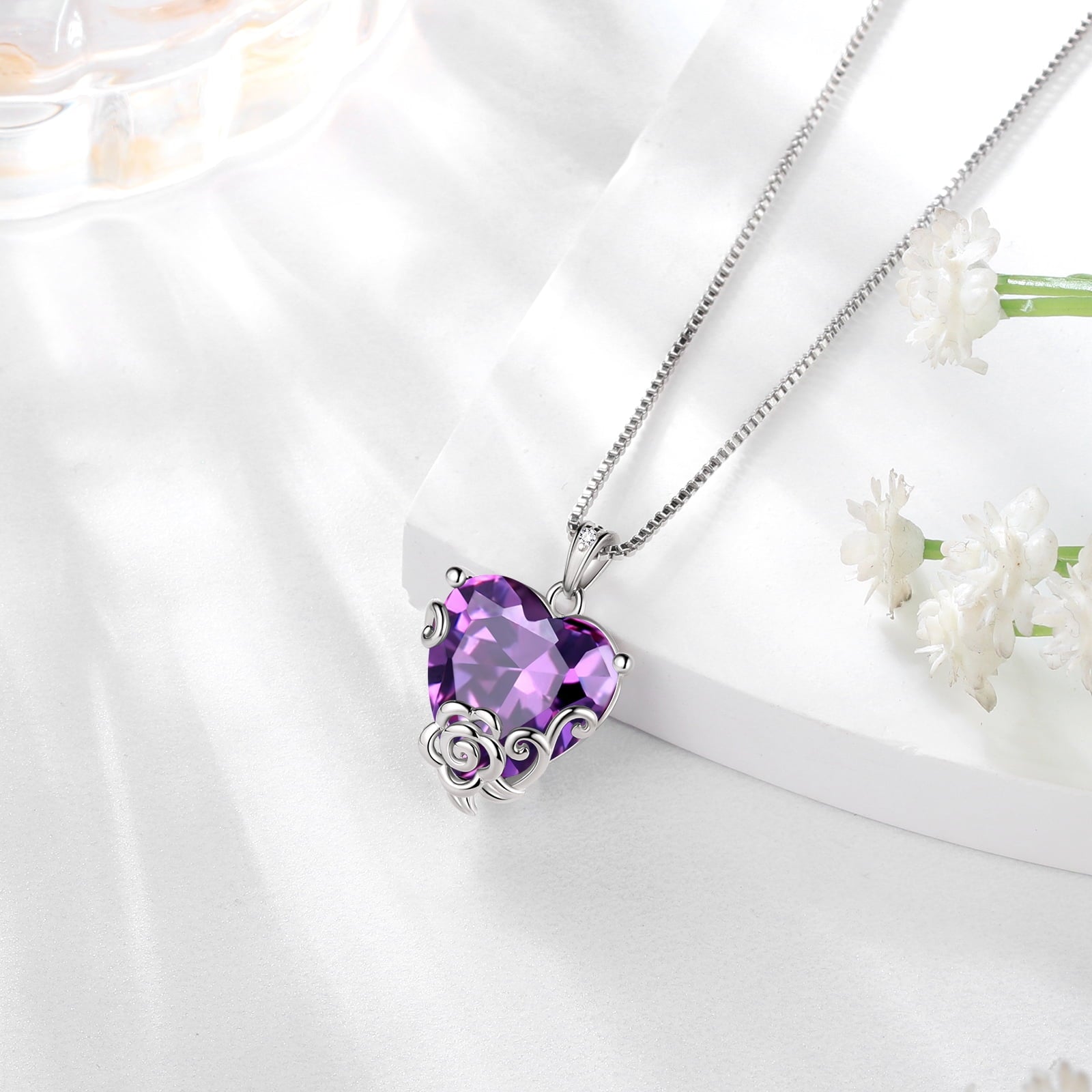 Women Heart Necklace February Birthstone Amethyst Jewelry Sterling Silver Purple CZ Flower Pendant Mother Birthday Christmas Valentine's Day Gifts - Aurora Tears