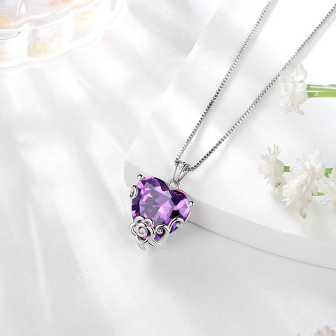 Women Heart Necklace February Birthstone Amethyst Jewelry Sterling Silver Purple CZ Flower Pendant Mother Birthday Christmas Valentine's Day Gifts - Aurora Tears
