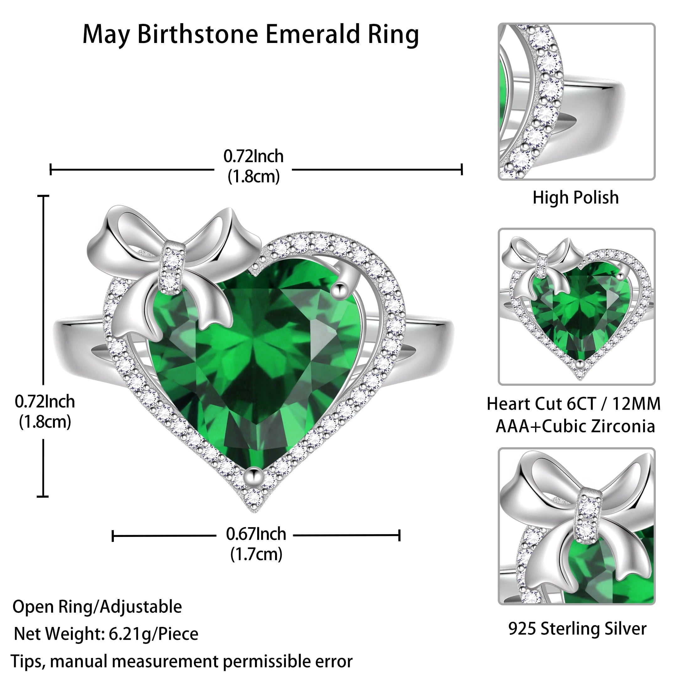 6Ct Heart Women Ring Bow Kont Ribbon 925 Sterling Silver May Birthstone Emerald Ring Green Solitaire Jewelry Valentines Mothers Day Gift for Mom Grandma - Aurora Tears