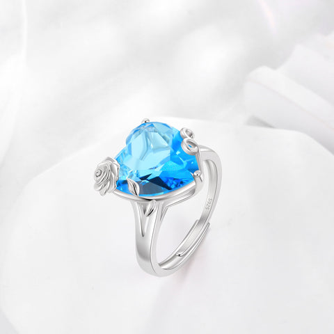 9Ct Women Heart Ring 925 Sterling Silver Rose Flower March Birthstone Aquamarine Blue Solitaire Ring Jewelry Birthday Gift for Mother - Aurora Tears