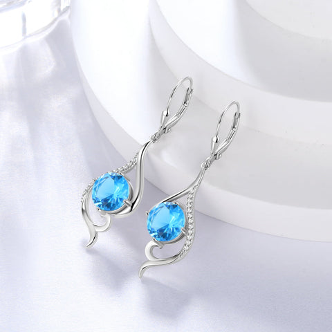 Women Dangle Earrings March Birthstone Earrings Aquamarine Blue Topaz Jewelry Tail 925 Sterling Silver Leverback Mother Wife Christmas Valentines Day Gift for Her - Aurora Tears