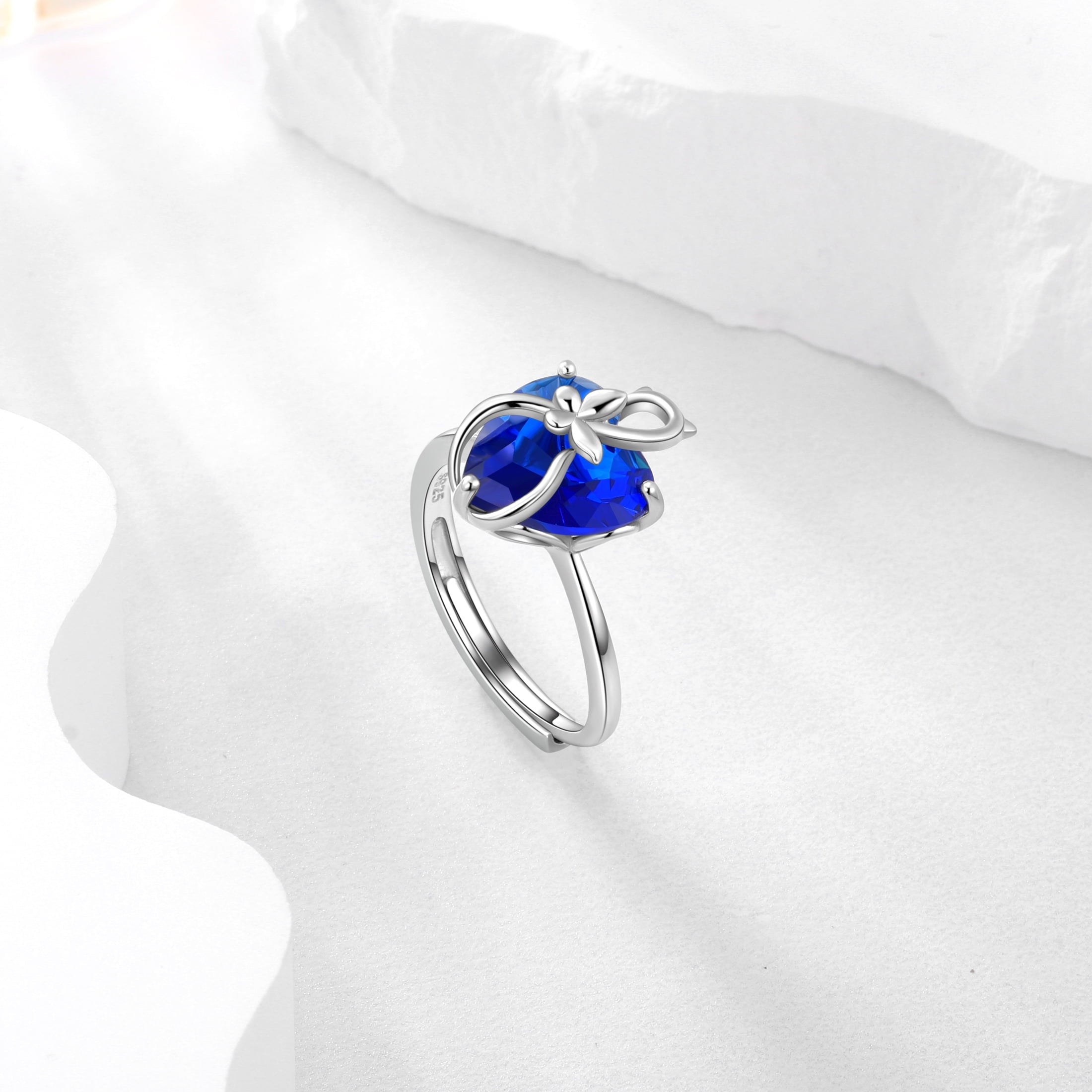 Women Heart Ring 925 Sterling Silver Cat Butterfly September Birthstone Sapphire Blue Solitaire Ring Jewelry Birthday Mother's Day Gift for Cat Lover - Aurora Tears