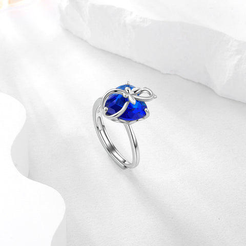 Women Heart Ring 925 Sterling Silver Cat Butterfly September Birthstone Sapphire Blue Solitaire Ring Jewelry Birthday Mother's Day Gift for Cat Lover - Aurora Tears
