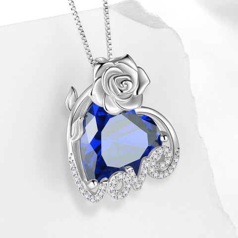 15MM Rose Heart Women Necklace September Birthstone 925 Sterling Silver Flower Love Pendant Blue Sapphire Jewelry Birthday Valentines Mother's Day Gift - Aurora Tears