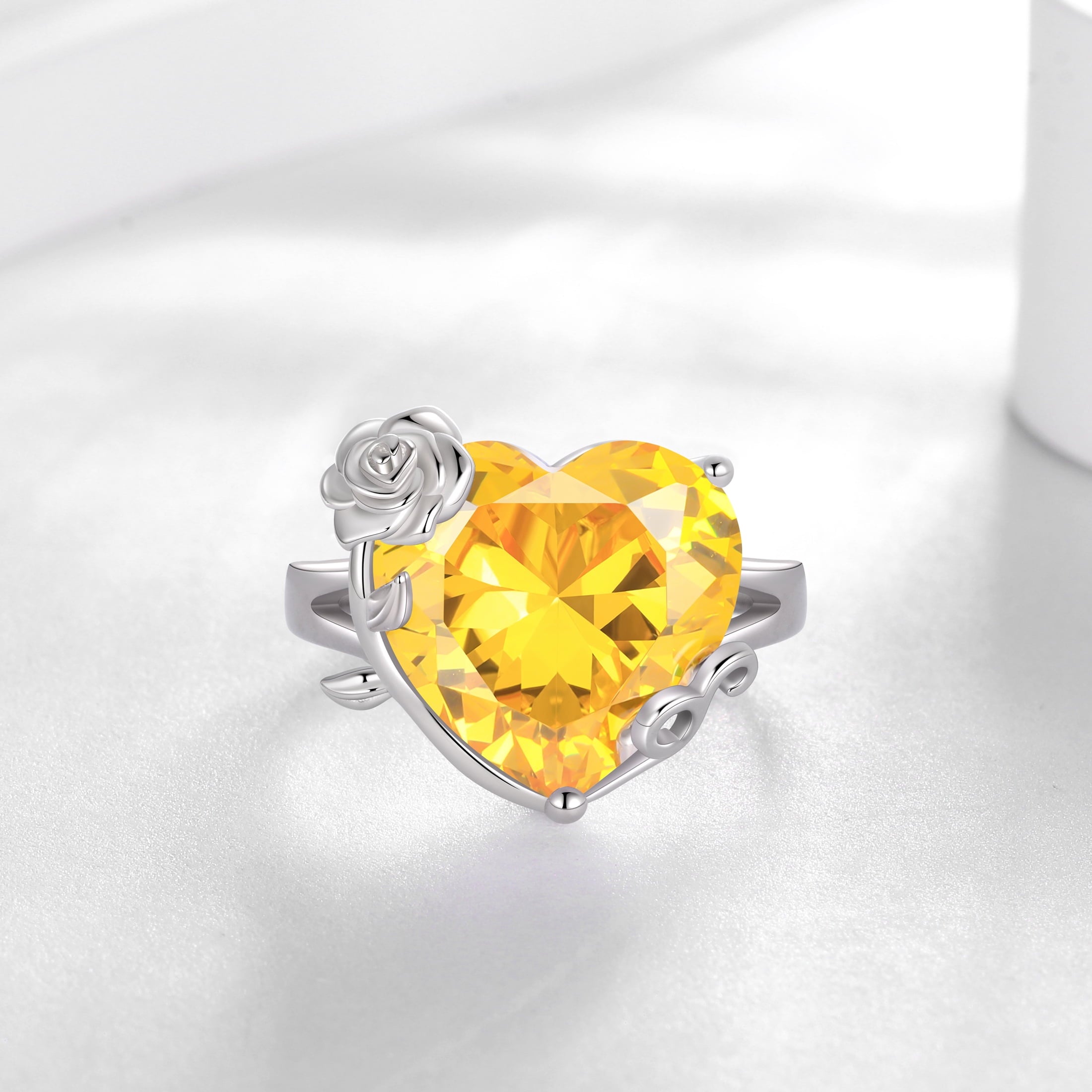 9Ct Women Heart Ring 925 Sterling Silver Rose Flower November Birthstone Citrine Solitaire Ring Jewelry Christmas Thanksgiving Gift for Mother - Aurora Tears