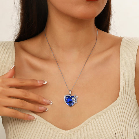 Women Heart Necklace Butterfly Rose Flower Pendant September Birthstone Blue Sapphire Jewelry 925 Sterling Silver Grandma Mother's Day Gift - Aurora Tears