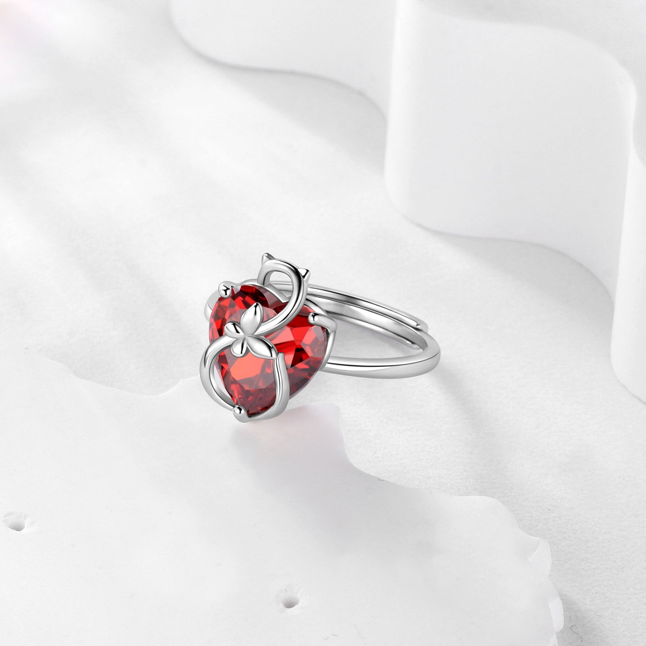 Women Heart Ring 925 Sterling Silver Cat Butterfly January Birthstone Garnet Solitaire Ring Jewelry Mother Birthday Valentine's Day Gift - Aurora Tears