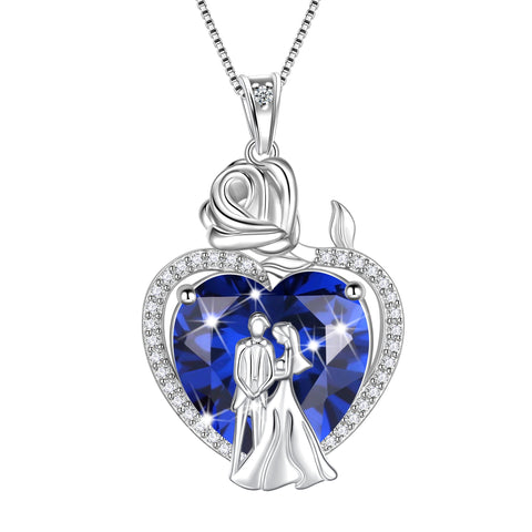 Couple Heart Necklace 15MM Birthstone 925 Sterling Silver Rose Flower Women Pendant Jewelry Engagement Gift for Wife Girlfriend
