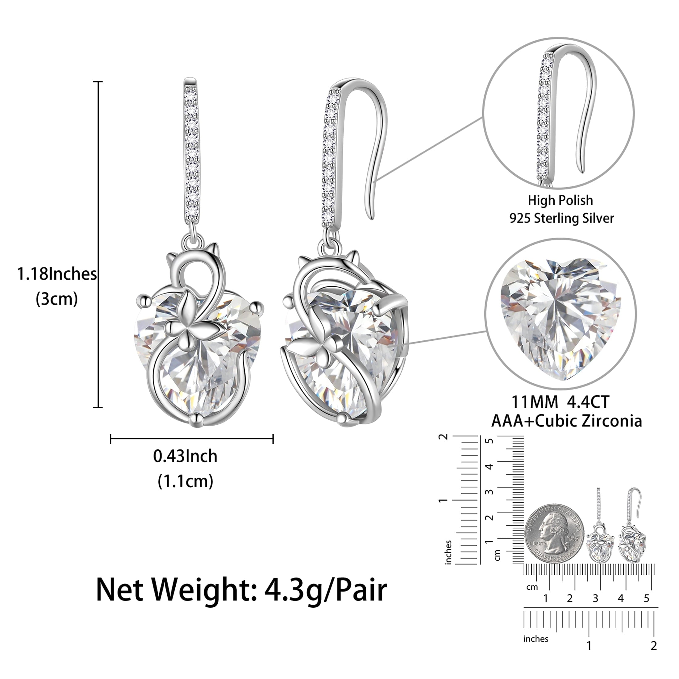 Cat Butterfly Earrings for Women 925 Sterling Silver Earrings Dangle Drop Hook Heart Diamond April Birthstone Wedding Bridal Jewelry Mothers Valentines Day Gifts for Wife Girlfriend - Aurora Tears